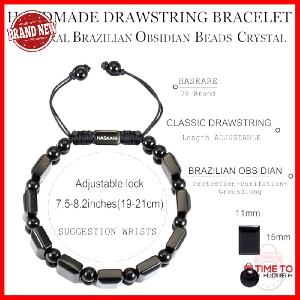 Men's Black Obsidian Beaded Bracelet Adjustable Drawstring Cord 8.2" - Picture 4 of 7